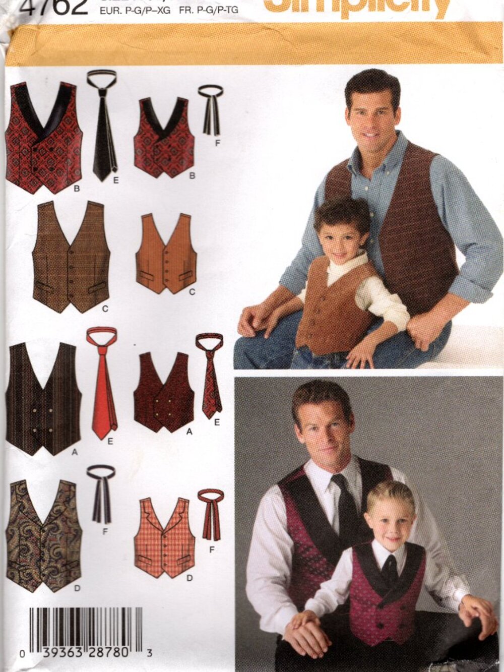 Simplicity 4762 Men and Boys Vest/Ties Size A S-L/S-XL Pattern Uncut